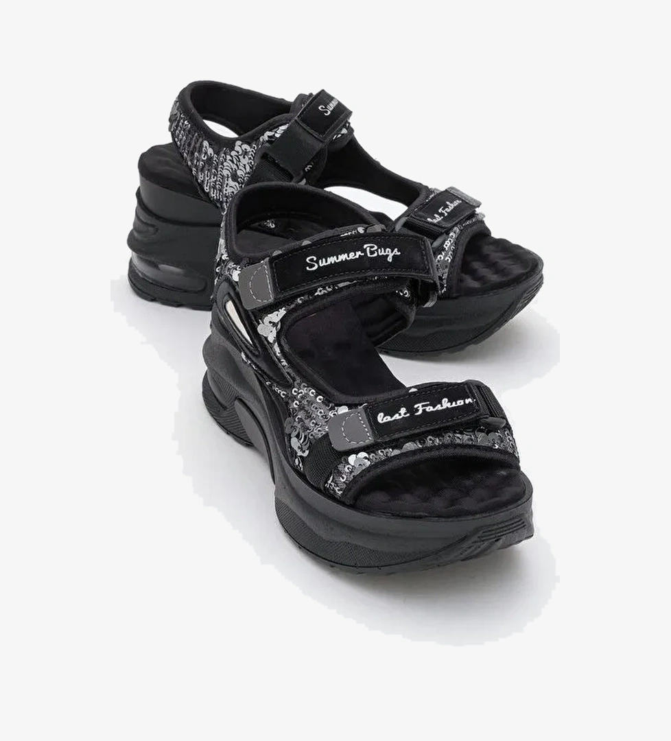 ARTHUR Siyah-Gri Payet Bantlı Kalın Taban Kadın Spor Sandalet - Görsel 1