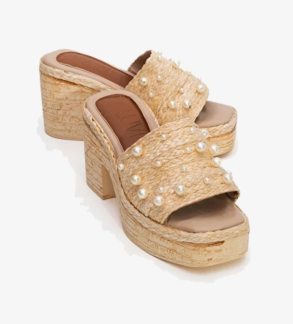 RAYNE Bej Hasır İncili Kadın Platform Topuklu Terlik - Görsel 1