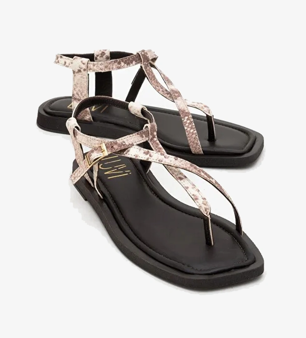 JAMİE Kahverengi Bej Desenli Hakiki Deri Kadın Parmak Arası Sandalet - Görsel 1