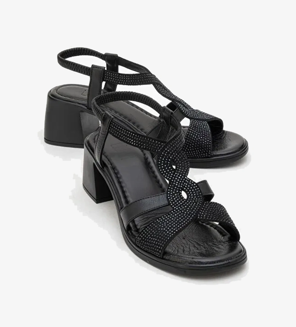 DOLEN Siyah Taşlı Hakiki Deri Kadın Kalın Topuklu Sandalet - Görsel 1