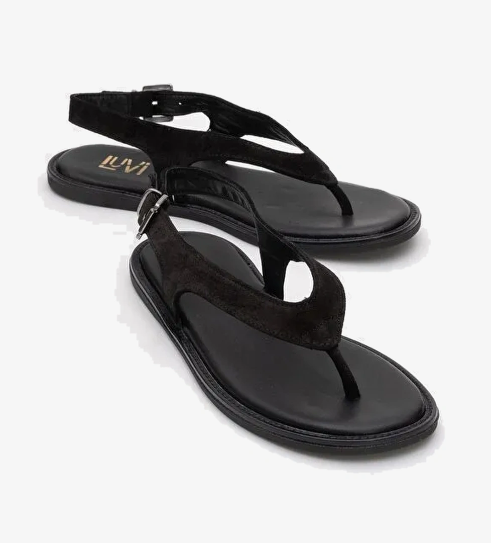 BELİNDA Siyah Süet Hakiki Deri Kadın Parmak Arası Sandalet - Görsel 1