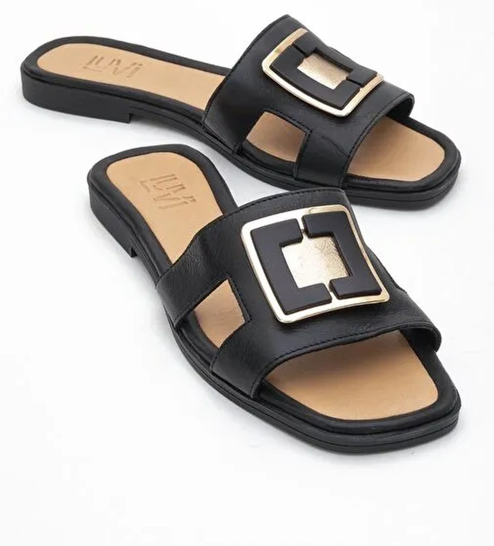 MİLLİE Siyah Hakiki Deri Tokalı Kadın Terlik - Görsel 1