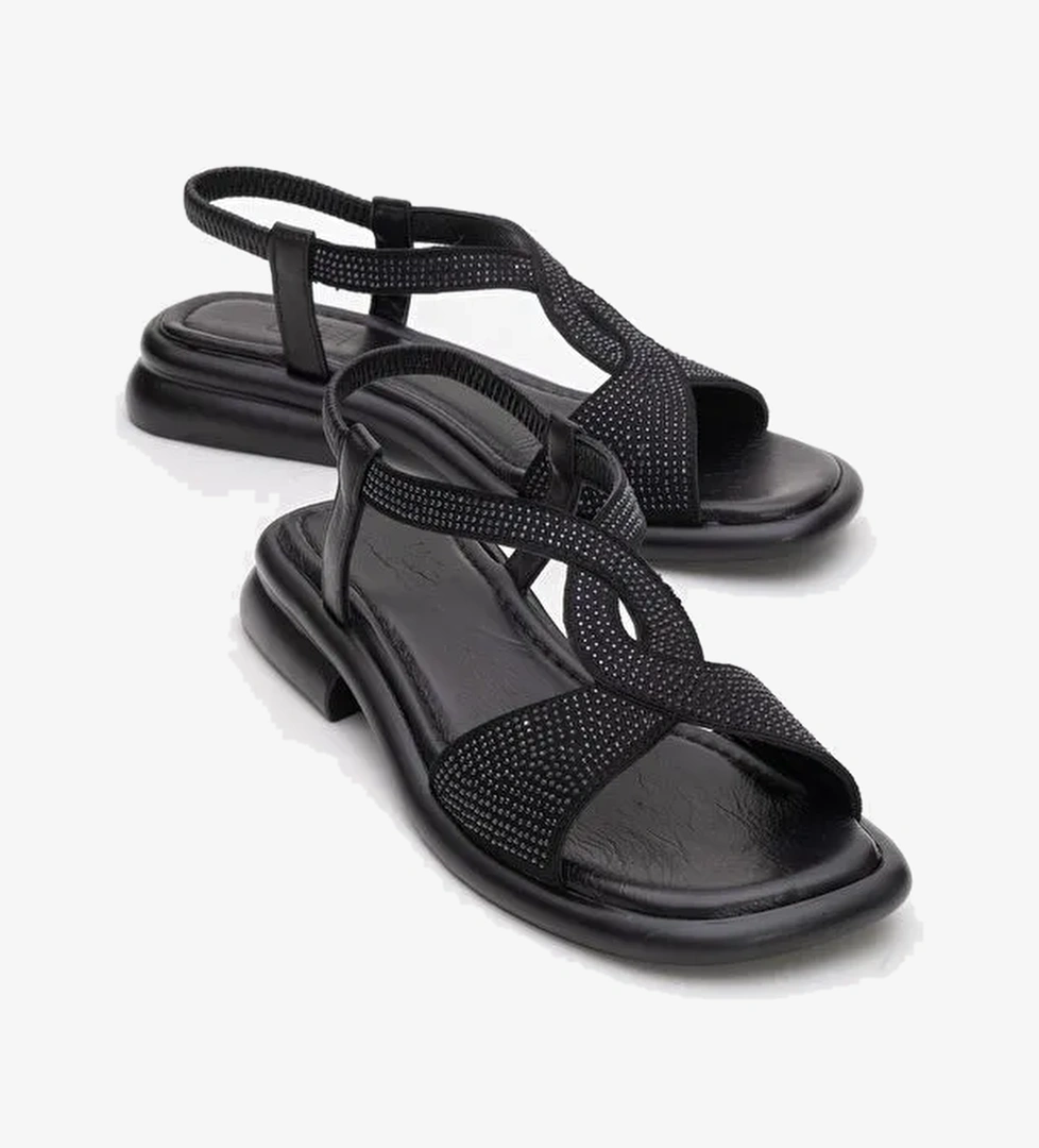 AURORA Siyah Hakiki Deri Taşlı Kadın Sandalet - Görsel 1