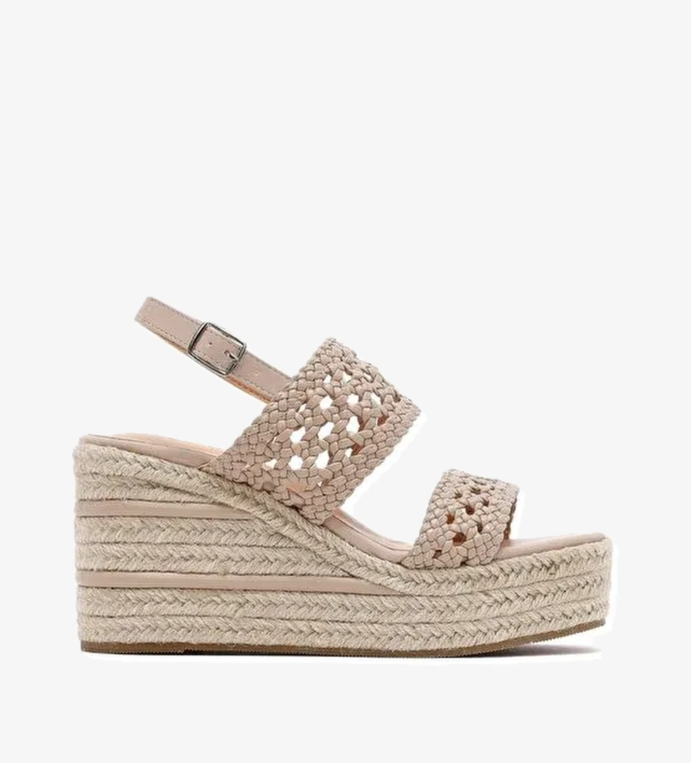 Kadın Krem Örgü Bilekten Tokalı Dolgu Topuklu Espadril Sandalet 25SFE451729 - Görsel 1