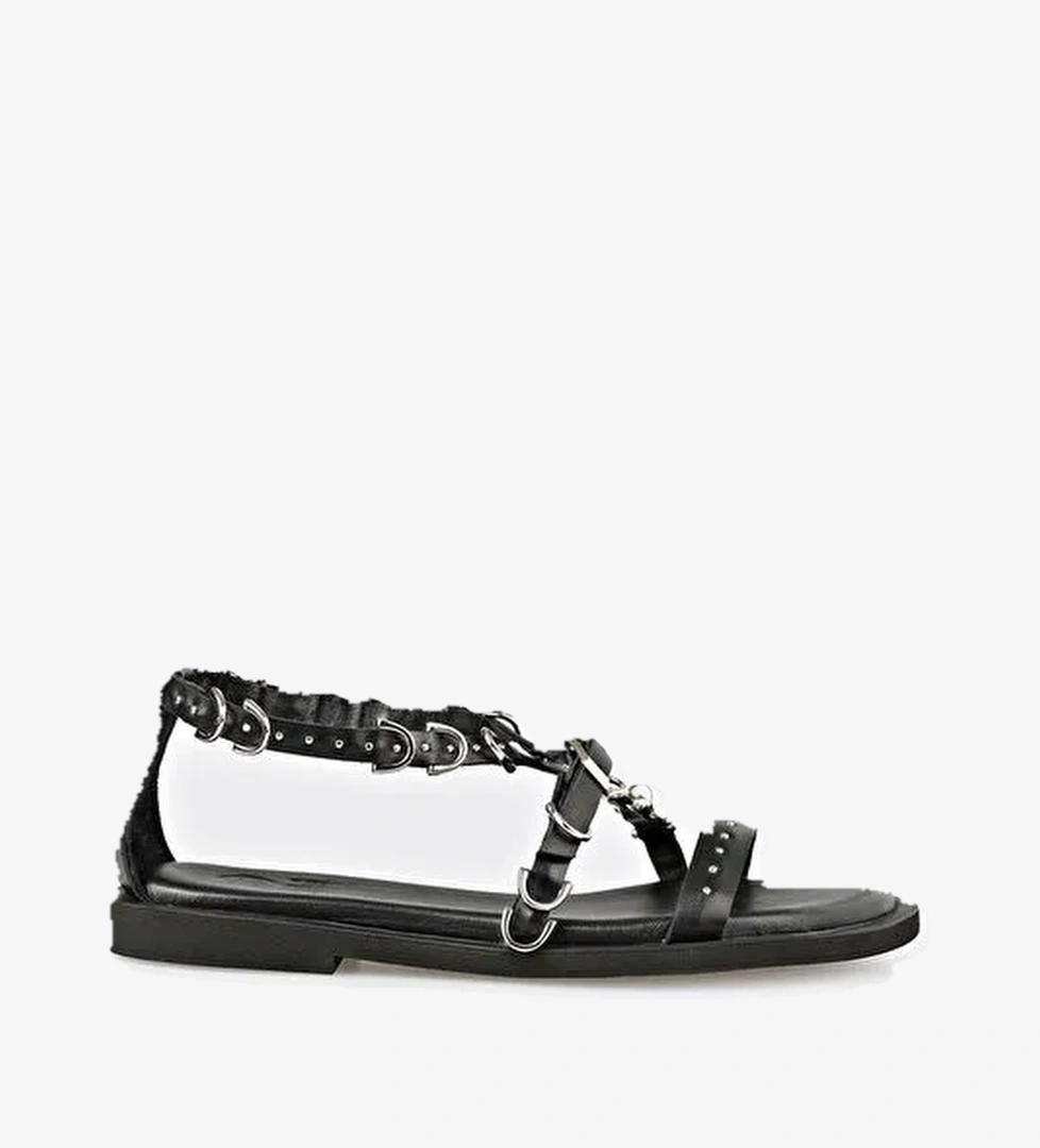 Siyah Deri Kadın Düz Sandalet - Görsel 1