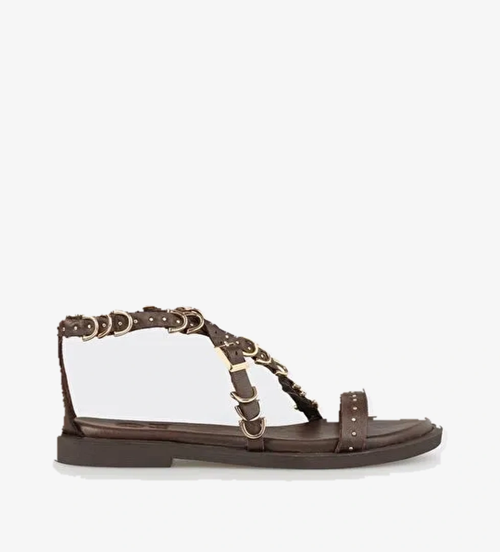 Kahve Deri Kadın Düz Sandalet - Görsel 1