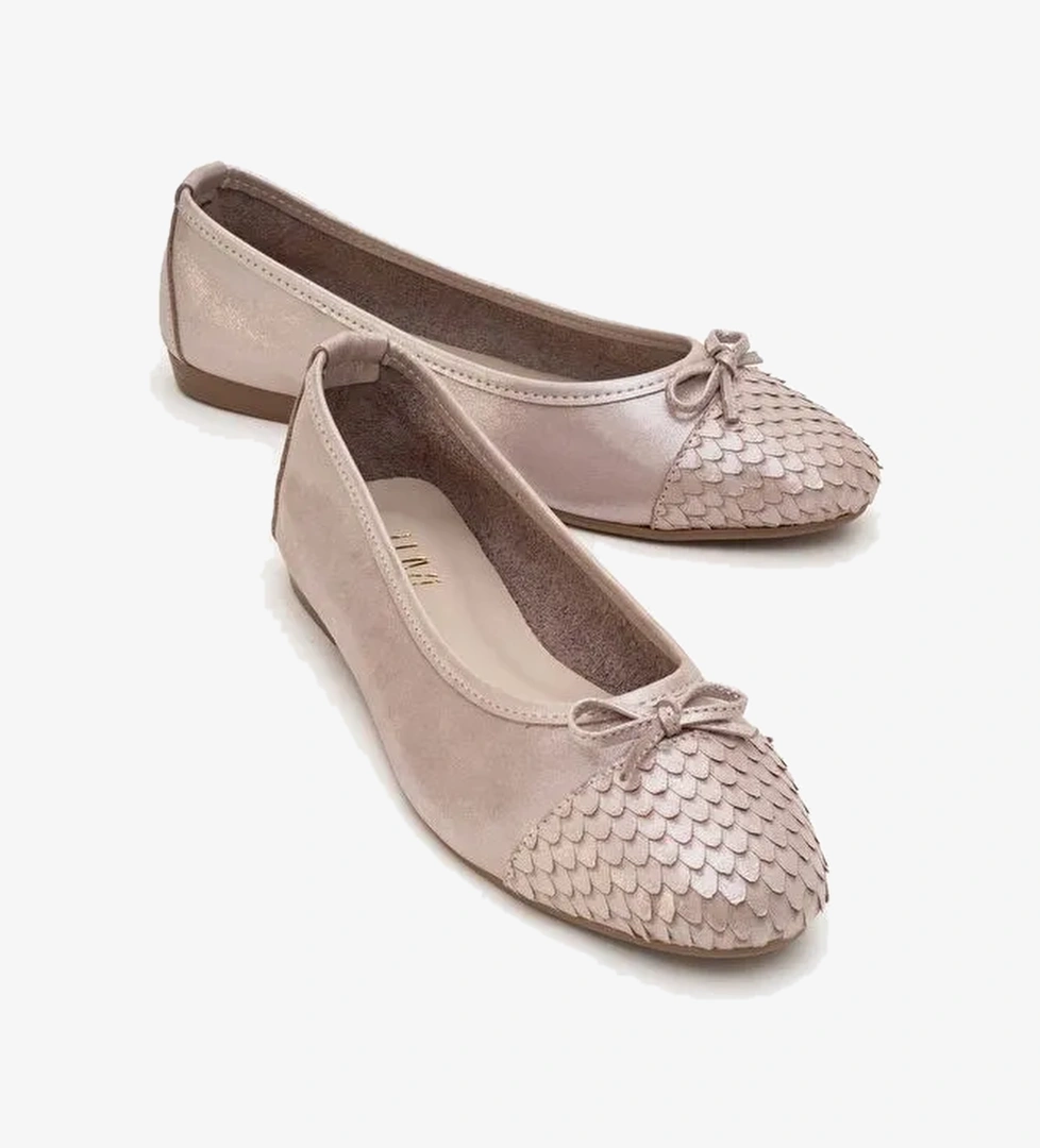 02 Koyu Bej Simli Hakiki Deri Kadın Babet Ayakkabı - Görsel 1