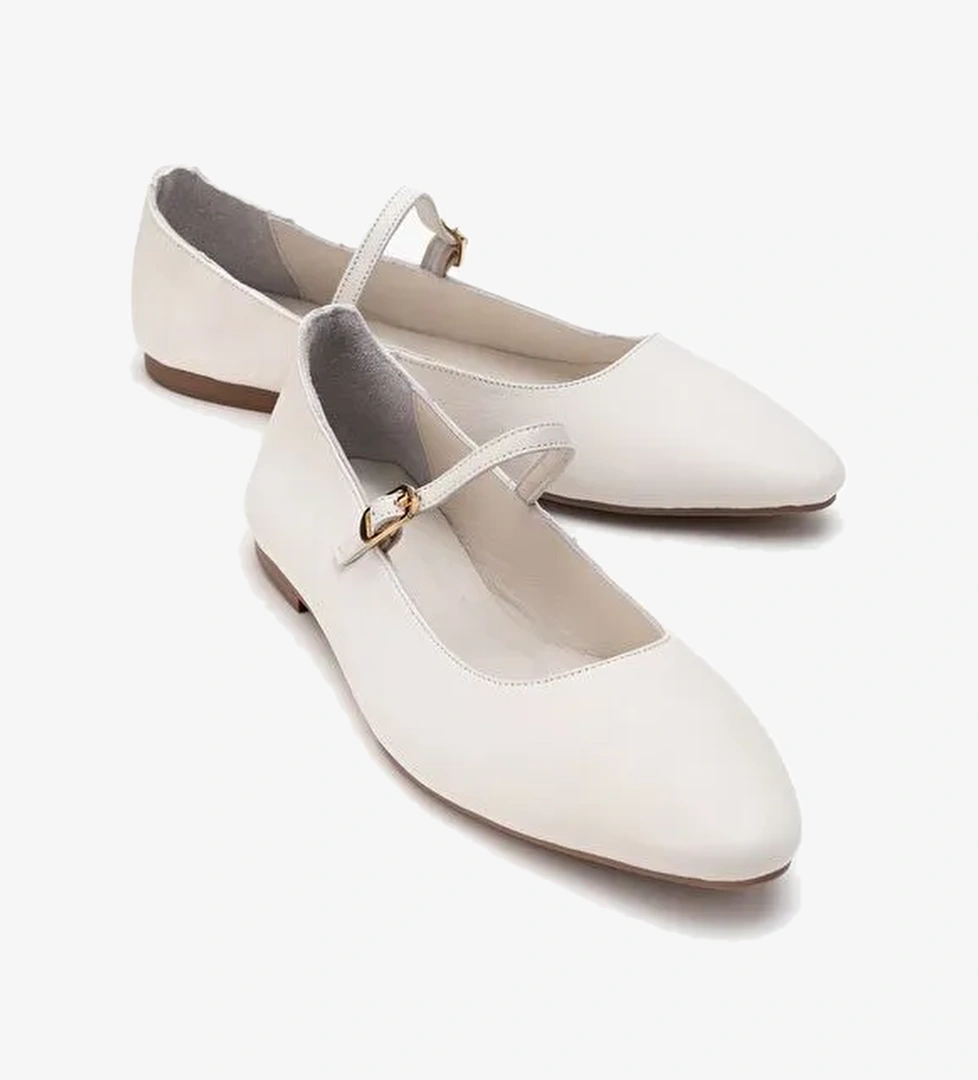 LUNAIRE Ekru Hakiki Deri Tek Bantlı Sivri Burun Kadın Babet Ayakkabı - Görsel 1