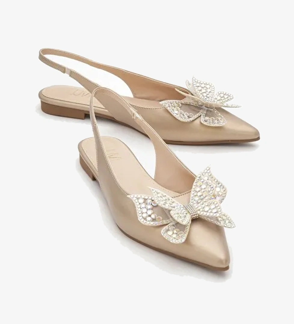 ORIOL Altın Cilt Kelebek Taşlı Sivri Burun Arkası Açık Kadın Babet Ayakkabı - Görsel 1