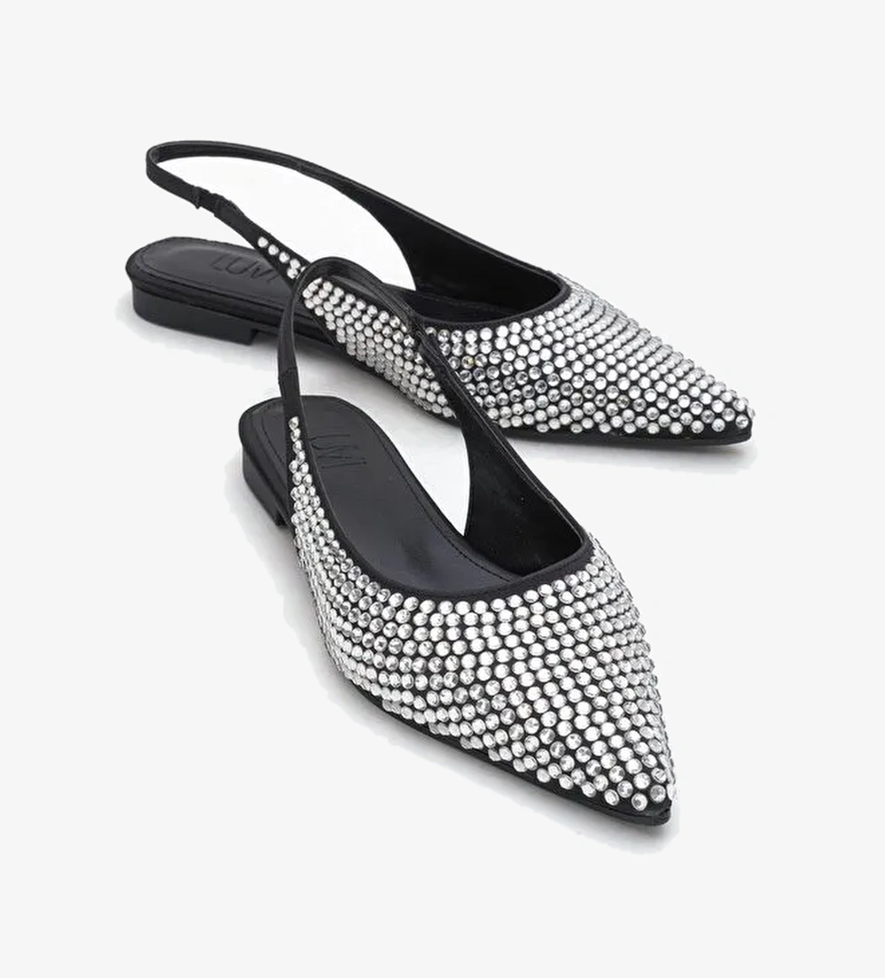 IDA Siyah Gümüş Taşlı Sivri Burun Arkası Açık Kadın Babet Ayakkabı - Görsel 1