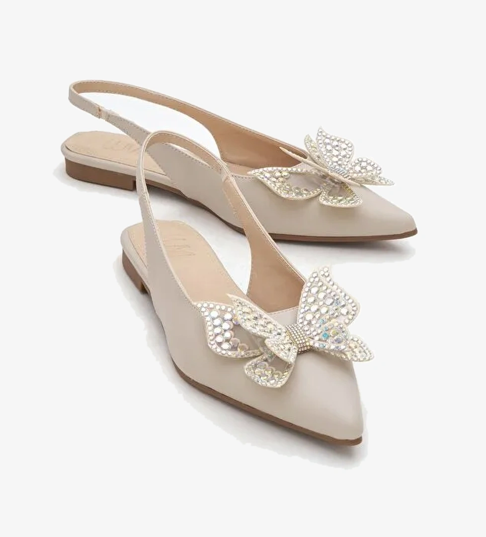 ORIOL Bej Cilt Kelebek Taşlı Sivri Burun Arkası Açık Kadın Babet Ayakkabı - Görsel 1