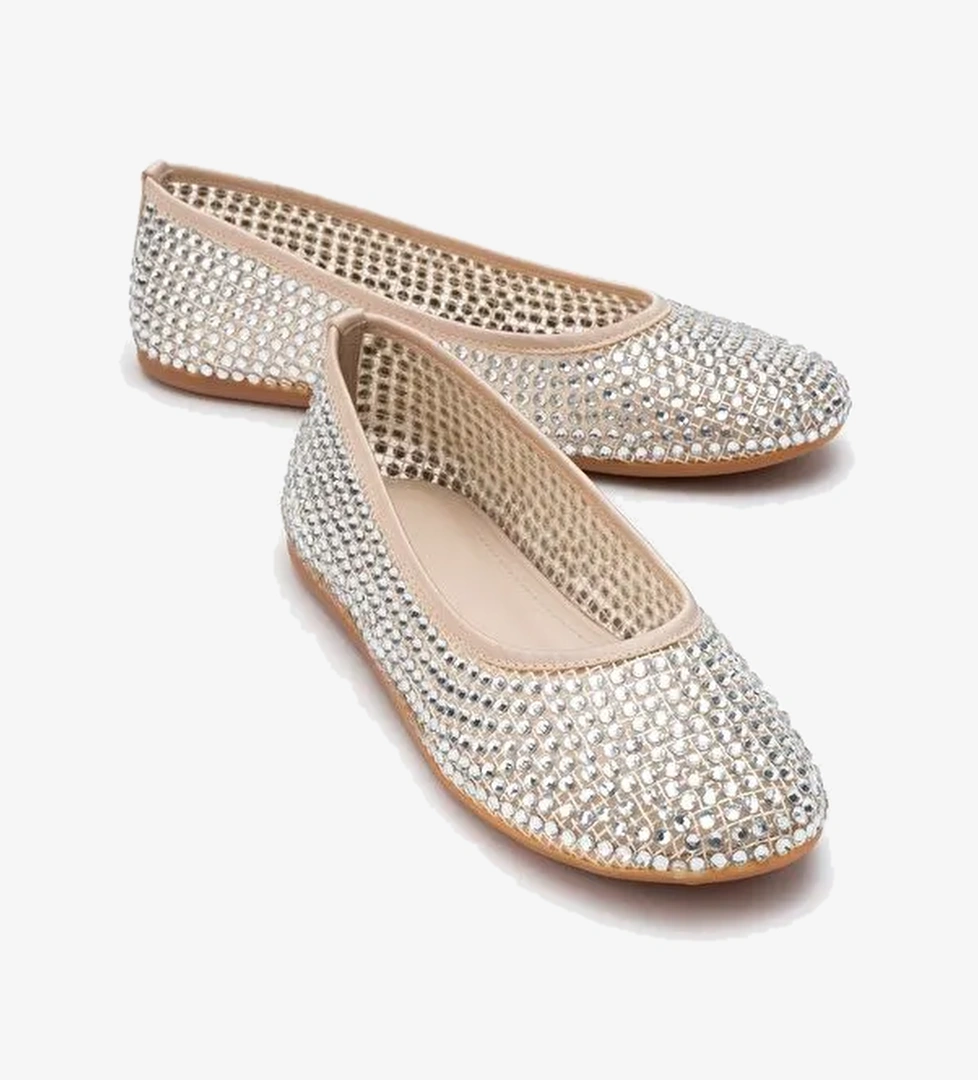 RUNWAY Bej File Taşlı Kadın Babet Ayakkabı - Görsel 1