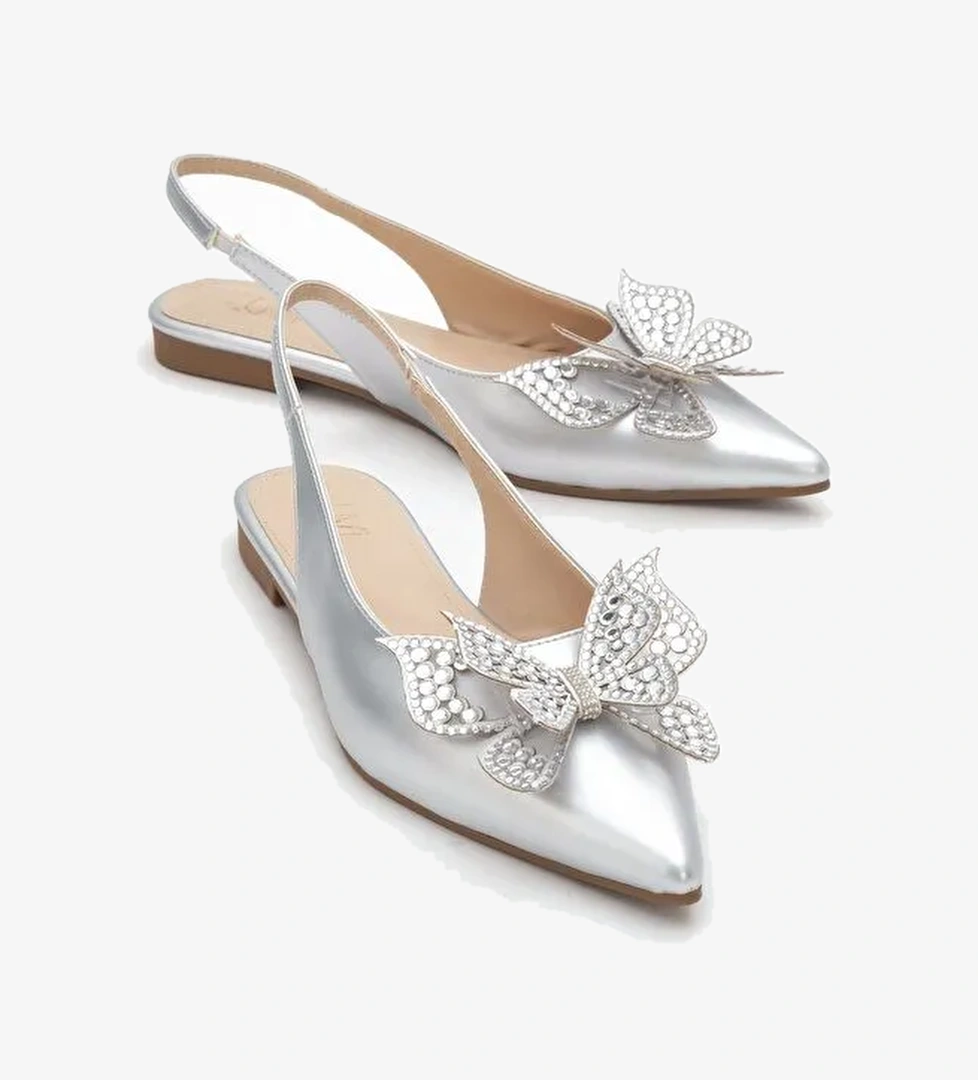 ORIOL Gümüş Cilt Kelebek Taşlı Sivri Burun Arkası Açık Kadın Babet Ayakkabı - Görsel 1