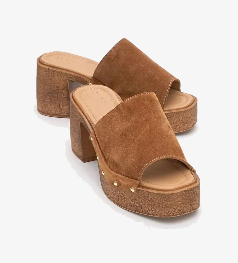 PULL Taba Süet Hakiki Deri Kadın Platform Topuklu Terlik - Görsel 1