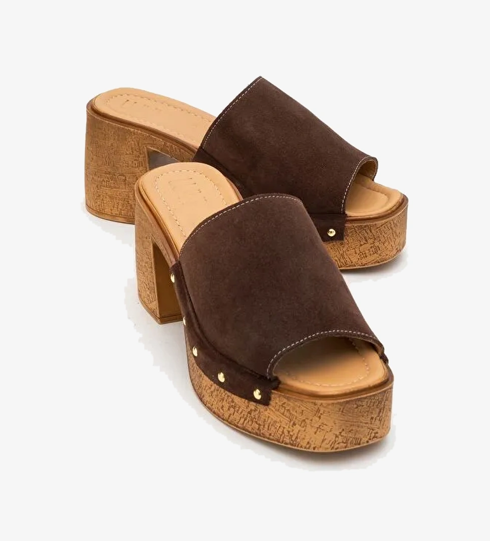 PULL Kahverengi Süet Hakiki Deri Kadın Platform Topuklu Terlik - Görsel 1