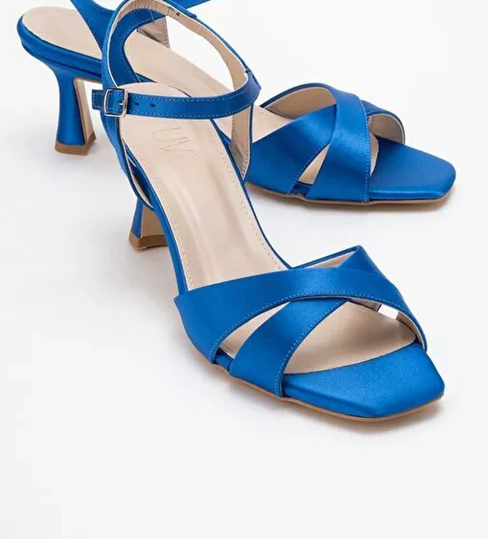 MELİN Sax Mavi Saten Çapraz Bantlı Kadın Topuklu Ayakkabı - Görsel 1