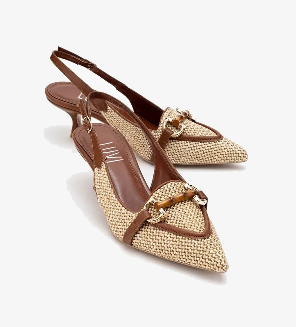 OSCA Taba Hasır Tokalı Sivri Burun Kadın Topuklu Ayakkabı - Görsel 1