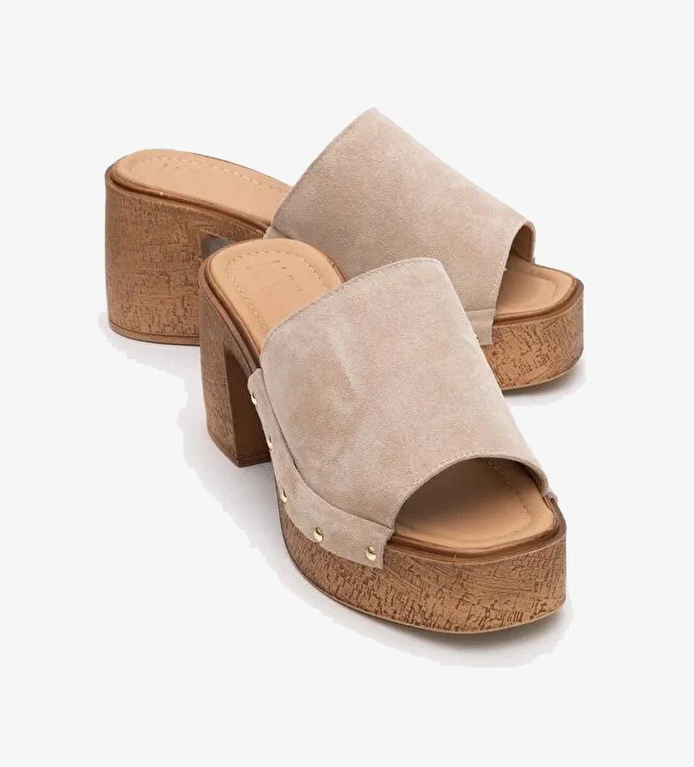 PULL Bej Süet Hakiki Deri Kadın Platform Topuklu Terlik - Görsel 1
