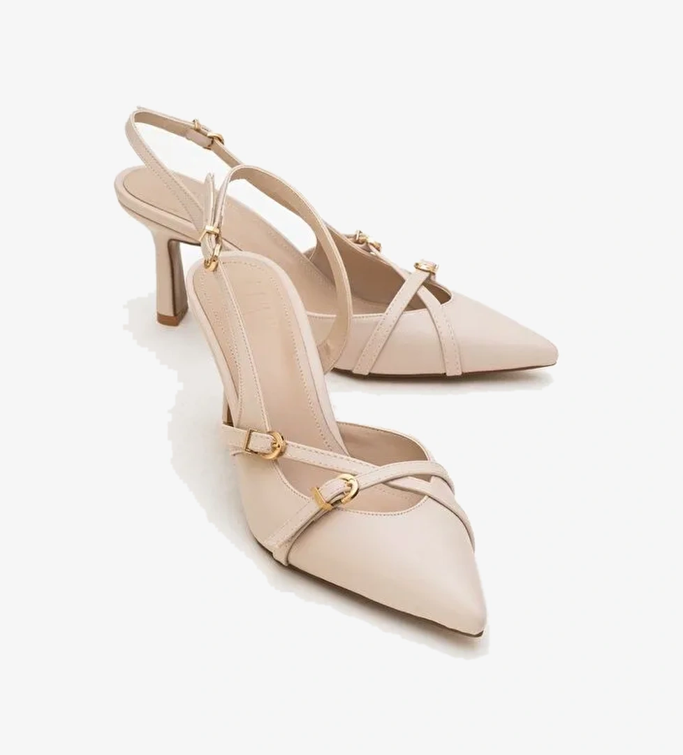 BİANA Bej Cilt Tokalı Sivri Burunlu Kadın Topuklu Ayakkabı - Görsel 1