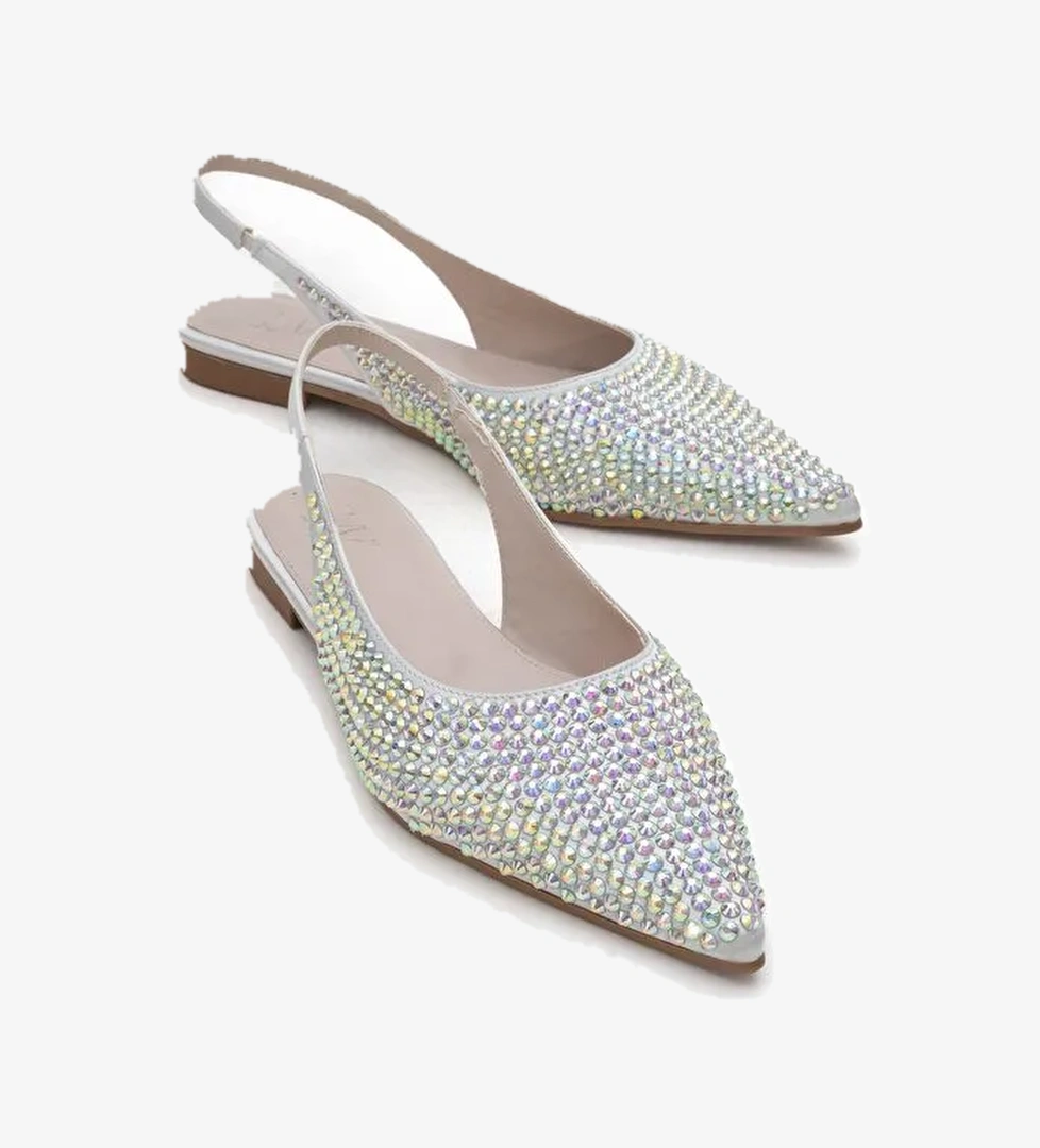 IDA Gümüş Renkli Taşlı Sivri Burun Arkası Açık Kadın Babet Ayakkabı - Görsel 1