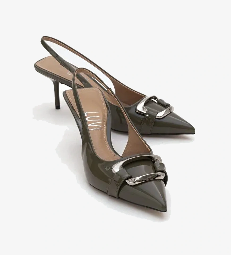 LUSTRE Haki Rugan Tokalı Sivri Burun Kadın Topuklu Ayakkabı - Görsel 1