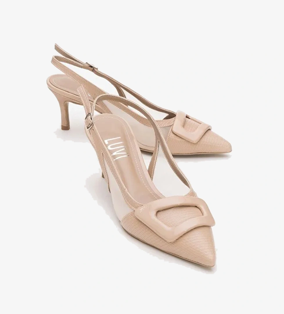 FOLEY Koyu Bej Rugan Çizgili Kadın Sivri Burun Arkası Açık İnce Topuklu Ayakkabı - Görsel 1