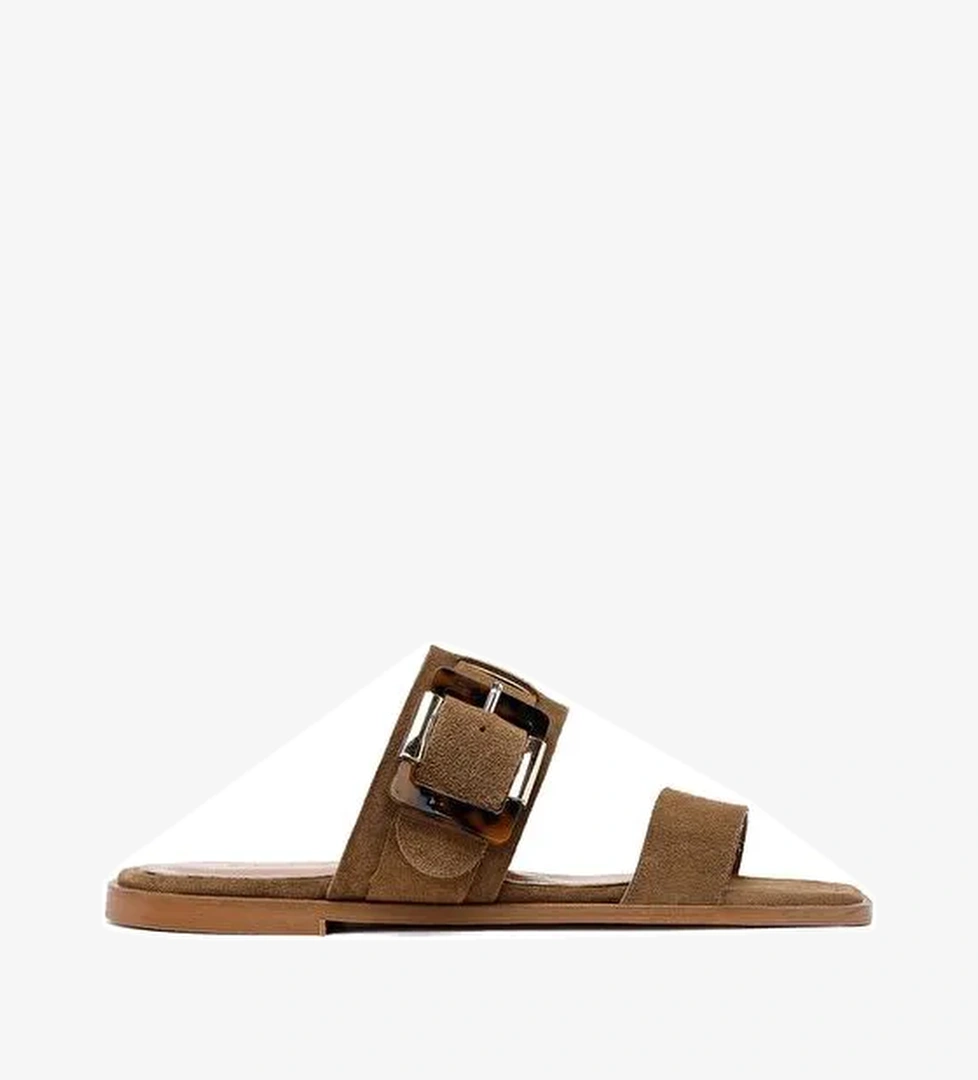 Kadın Bej Tokalı Süet Deri Terlik 25SFD160710 - Görsel 1