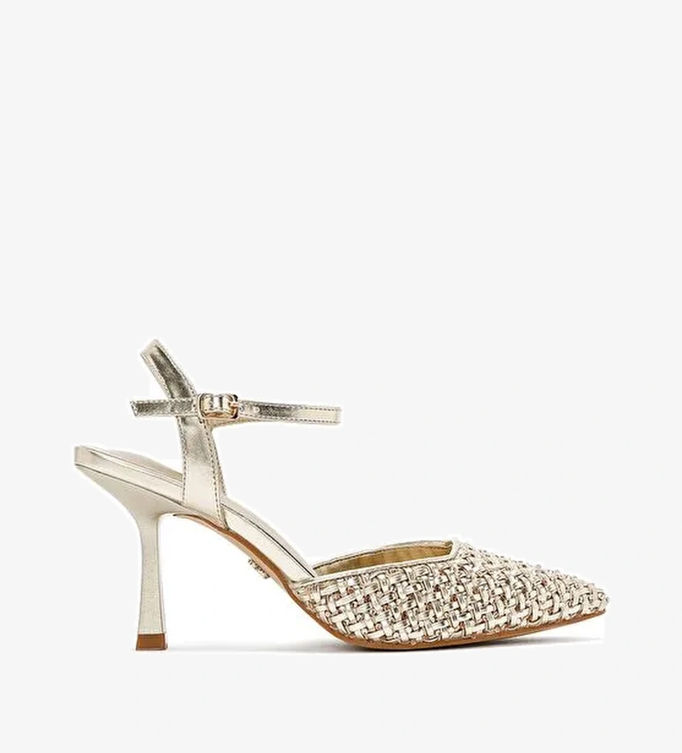 Kadın Altın Bilekten Tokalı Örgülü İnce Topuklu Ayakkabı 25SFE493214 - Görsel 1