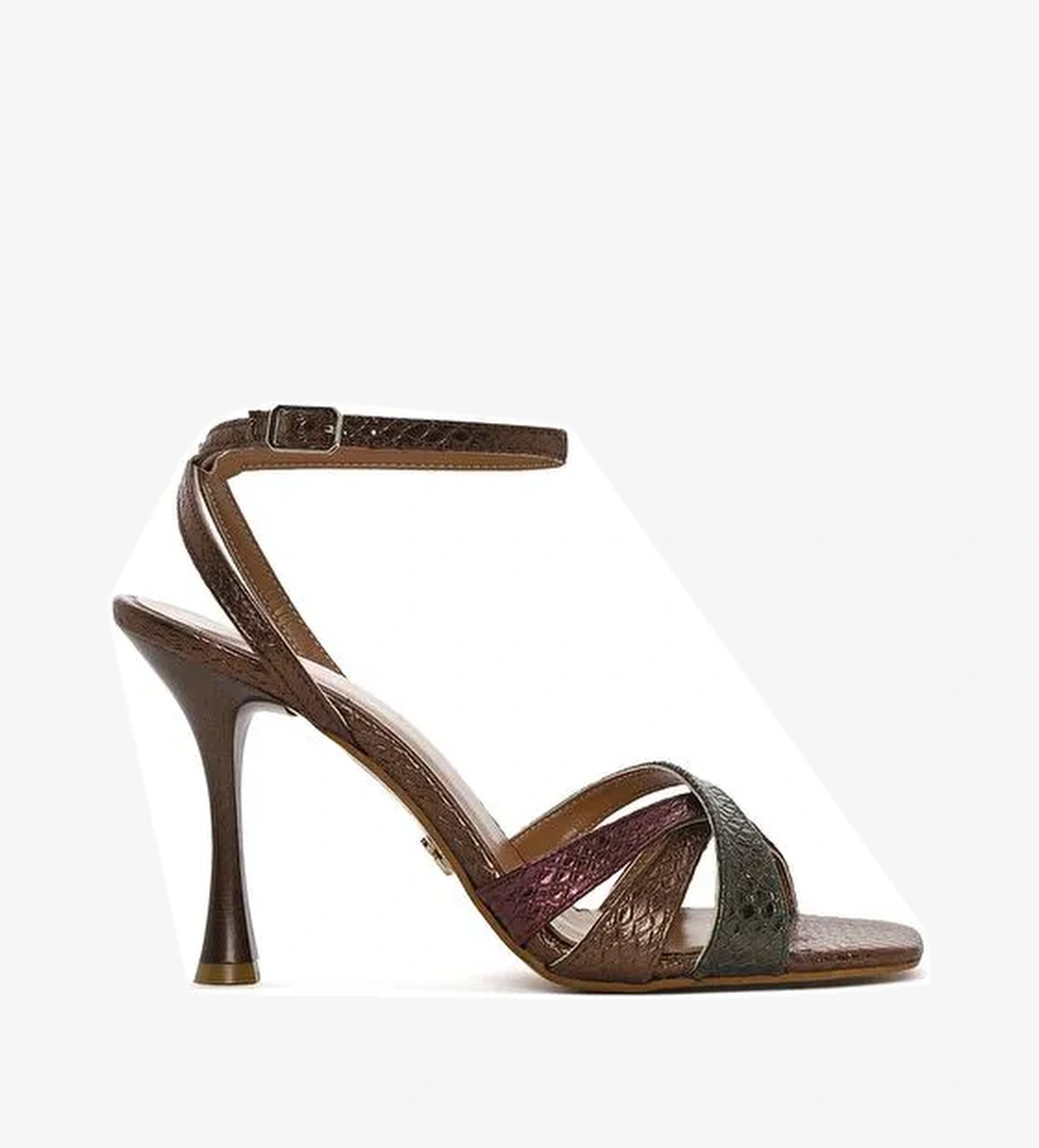 Kadın Bakır Bilekten Bağlamalı İnce Yüksek Topuklu Desenli Deri Sandalet 25SFD1613MY - Görsel 1