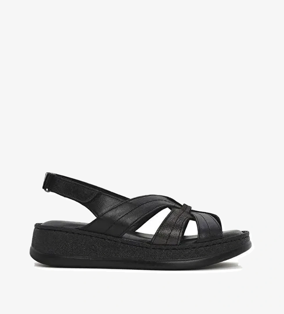 Kadın Siyah Kalın Tabanlı Deri Comfort Sandalet 25SFD321314 - Görsel 1
