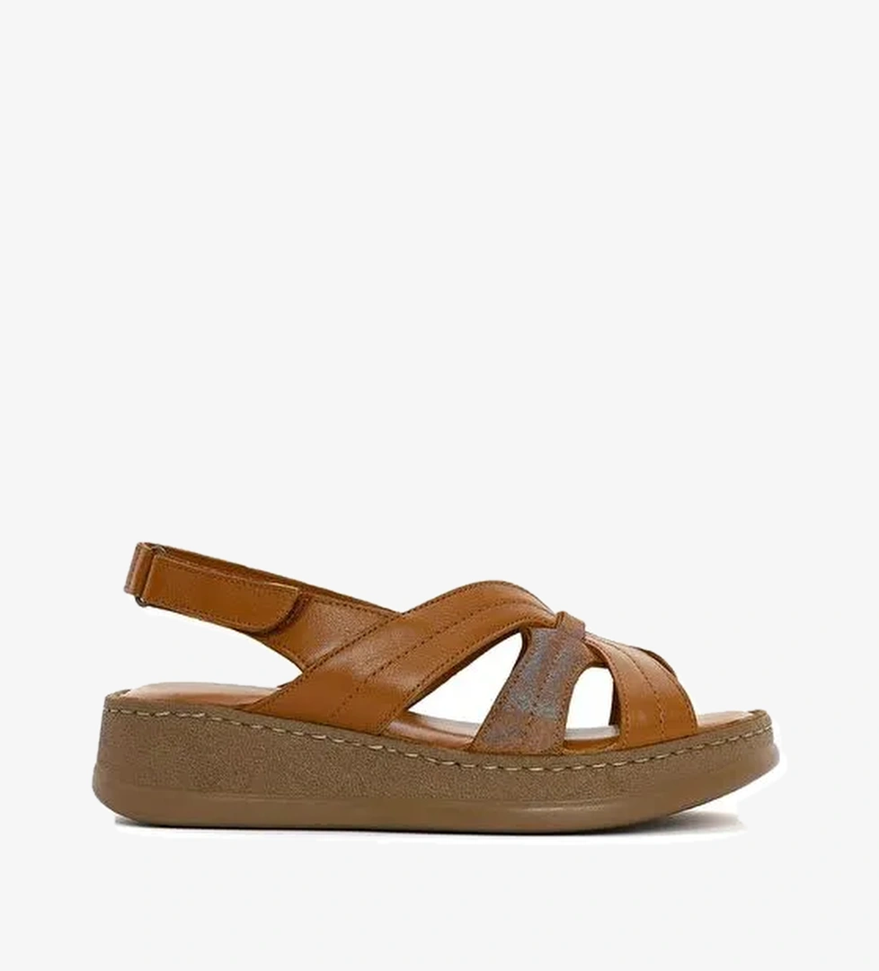 Kadın Taba Kalın Tabanlı Deri Comfort Sandalet 25SFD321314 - Görsel 1