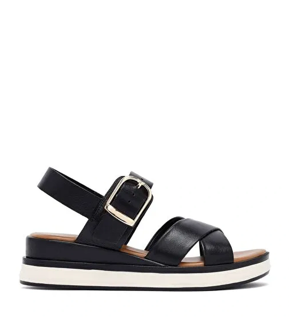 Kadın Siyah Bilekten Tokalı Kalın Tabanlı Deri Sandalet 25SFD550418 - Görsel 1