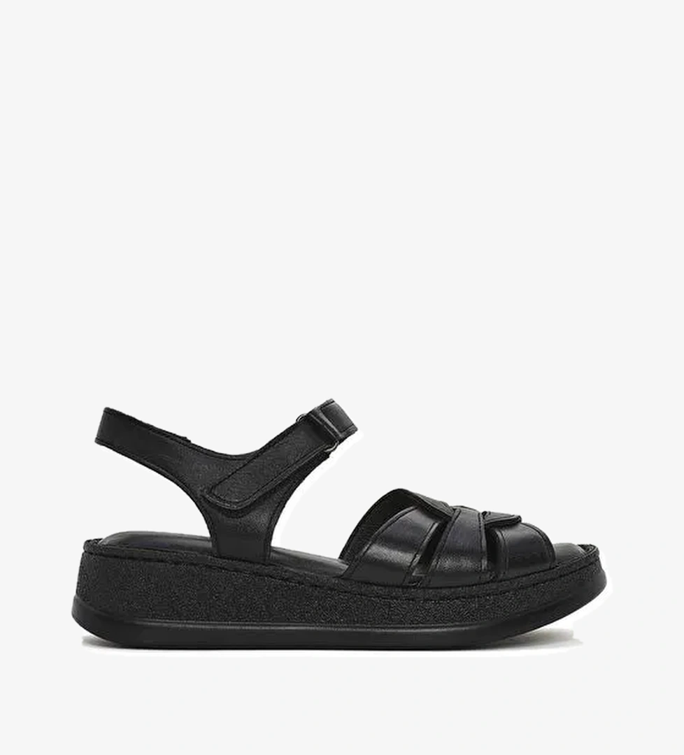 Kadın Siyah Bantlı Kalın Tabanlı Deri Comfort Sandalet 25SFD321418 - Görsel 1