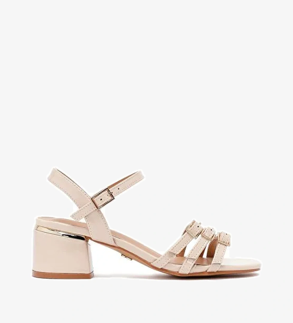 Kadın Bej Bilekten Tokalı Kalın Rugan Topuklu Sandalet 25SFE466416 - Görsel 1