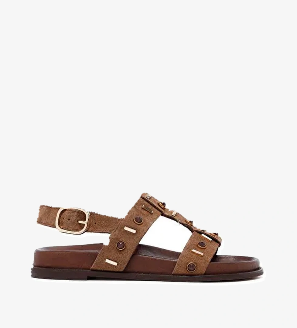 Kadın Vizon Taşlı Süet Deri Sandalet 25SFD550810 - Görsel 1