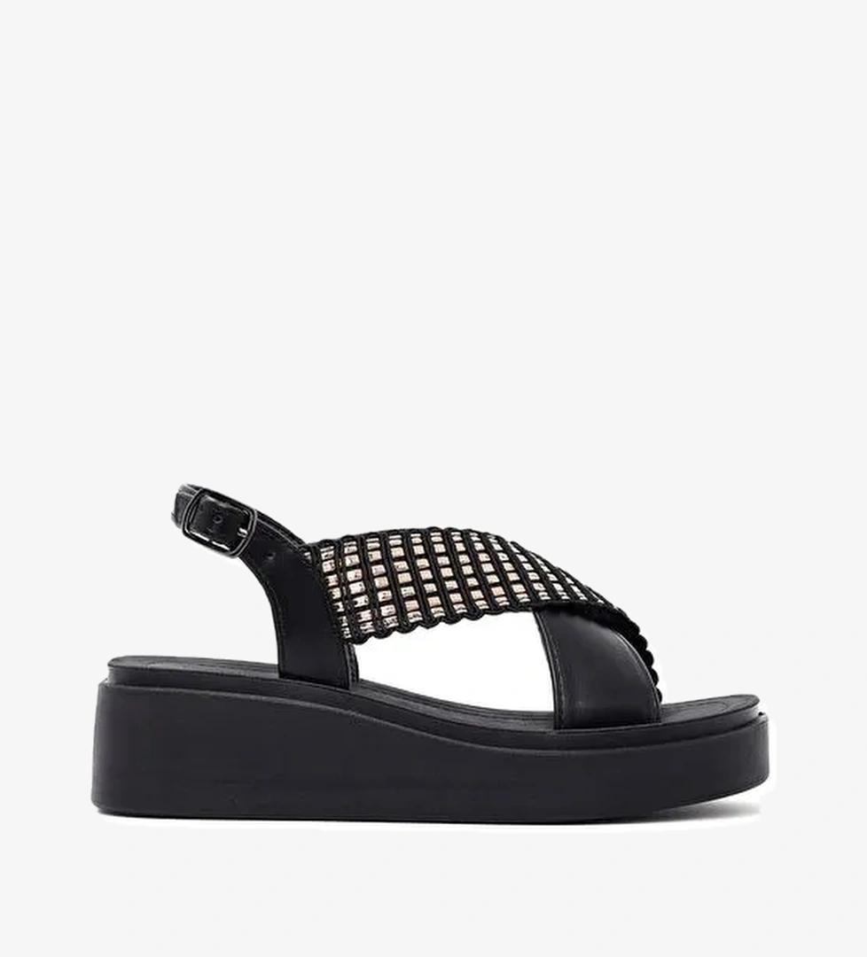 Kadın Siyah Kalın Tabanlı Taşlı Sandalet 25SFE465514 - Görsel 1