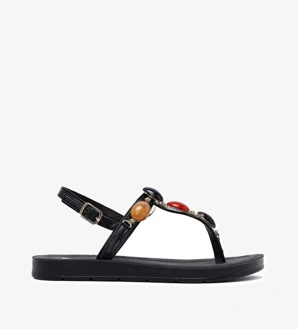 Kadın Siyah Parmak Arası Taşlı Sandalet 25SFE464418 - Görsel 1