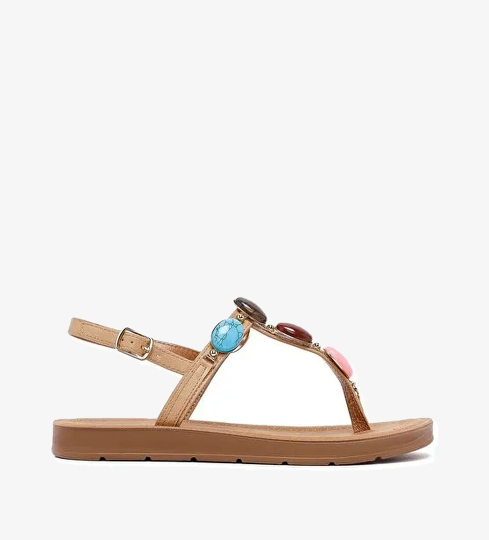 Kadın Bej Parmak Arası Taşlı Sandalet 25SFE464418 - Görsel 1