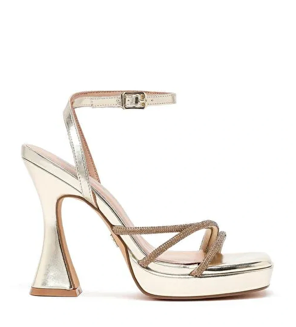 Kadın Altın Bilekten Bağlamalı Kalın Yüksek Topuklu Abiye Sandalet 25SFD441014 - Görsel 1