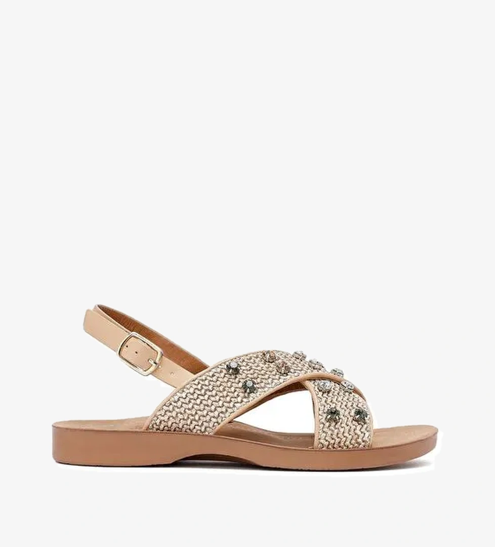 Kadın Bej Taşlı Hasır Sandalet 25SFE4648M7 - Görsel 1