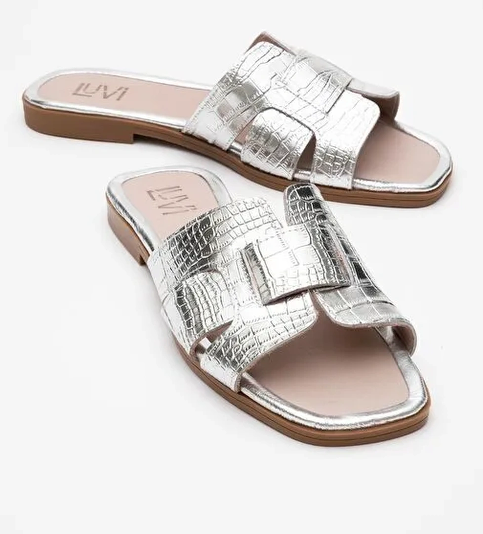 NOTRE Gümüş Baskı Hakiki Deri Kadın Terlik - Görsel 1