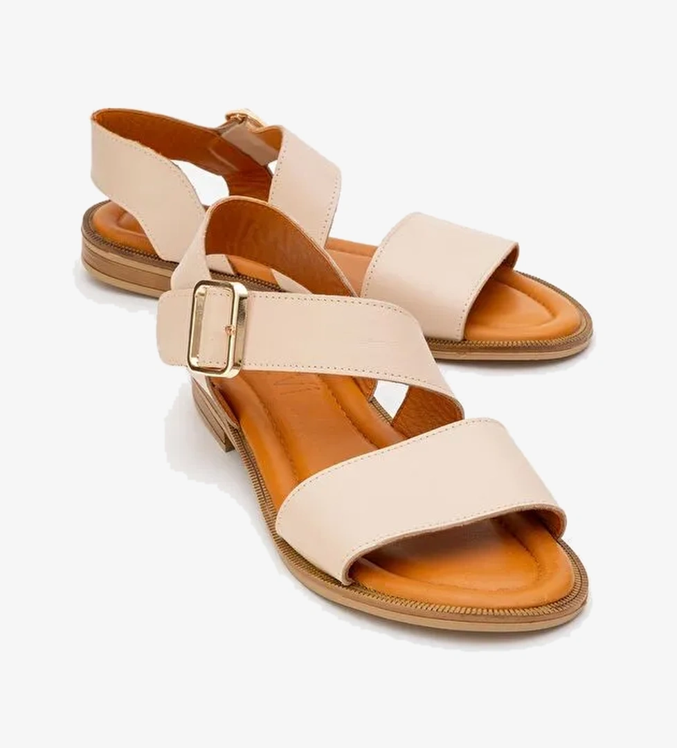MAJESTY Bej Cilt Hakiki Deri Kadın Sandalet - Görsel 1