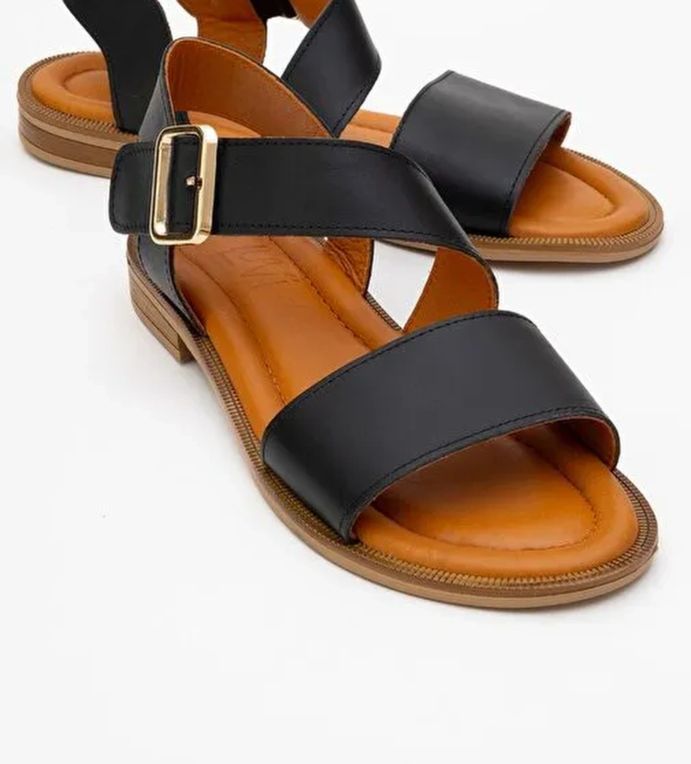 MAJESTY Siyah Cilt Hakiki Deri Kadın Sandalet - Görsel 1