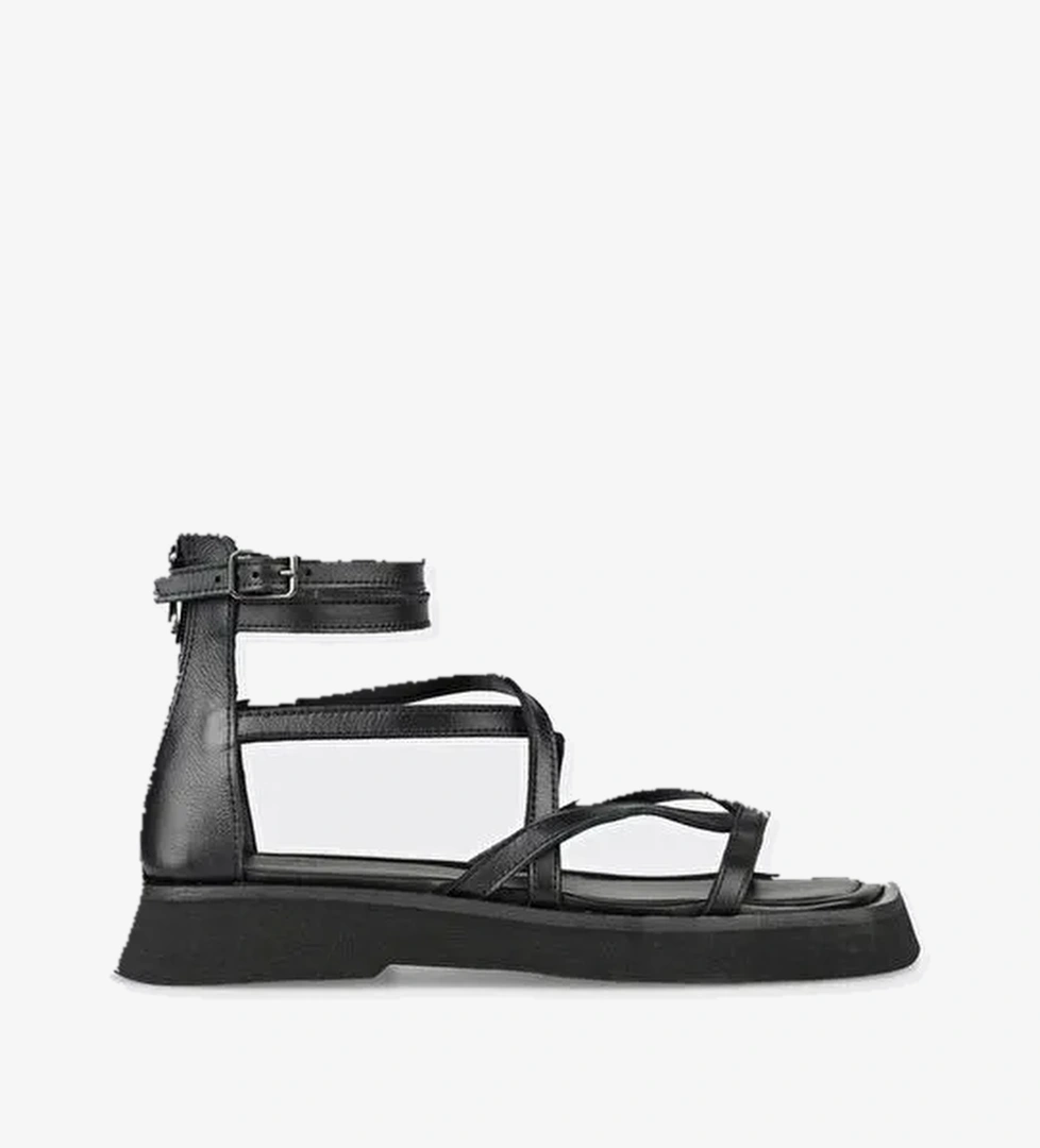 Siyah Deri Kadın Düz Sandalet - Görsel 1