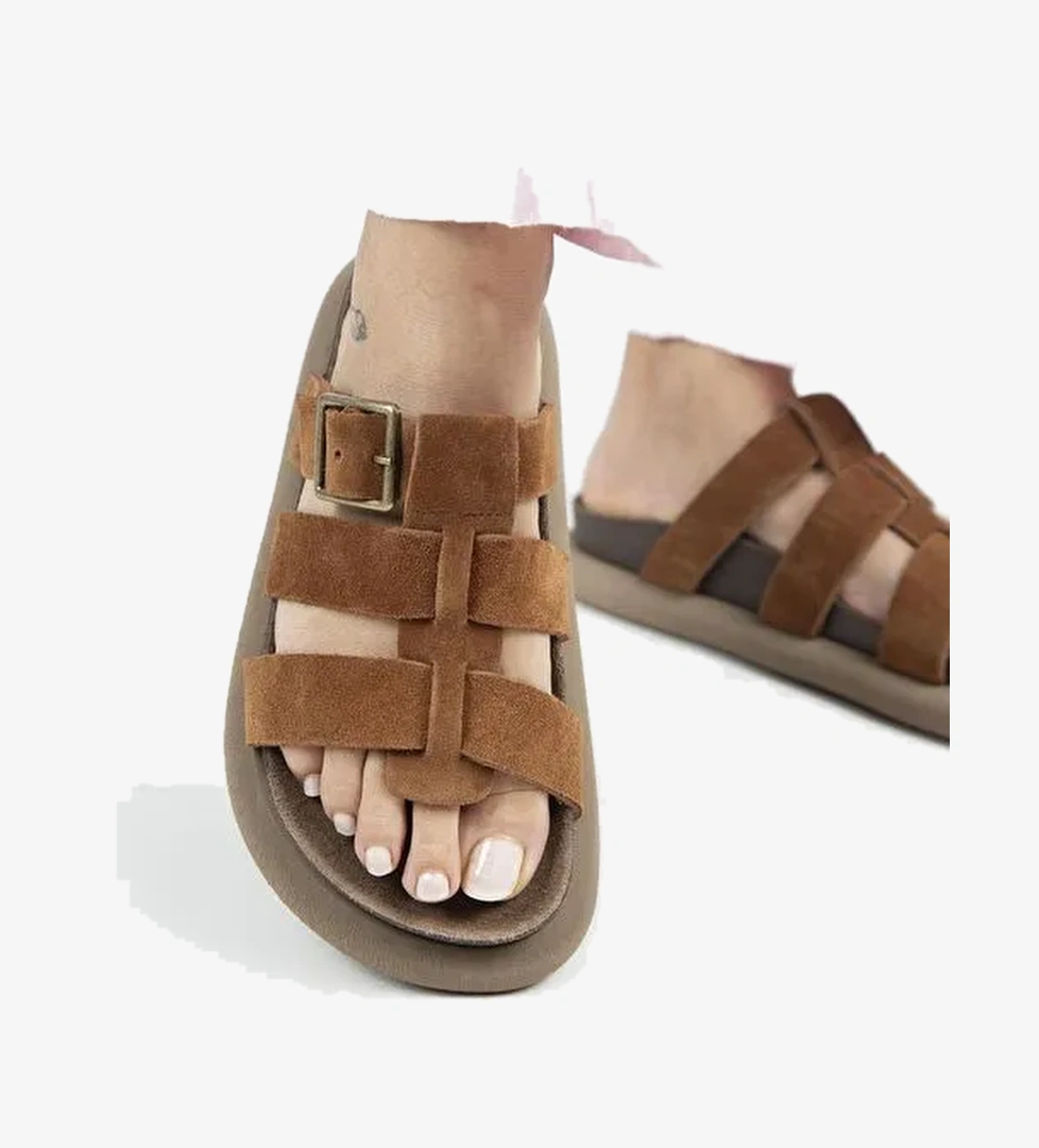 Manijero (Hicks) Kadın Hakiki Deri Tokalı Bantlı Taba Terlik - Görsel 1