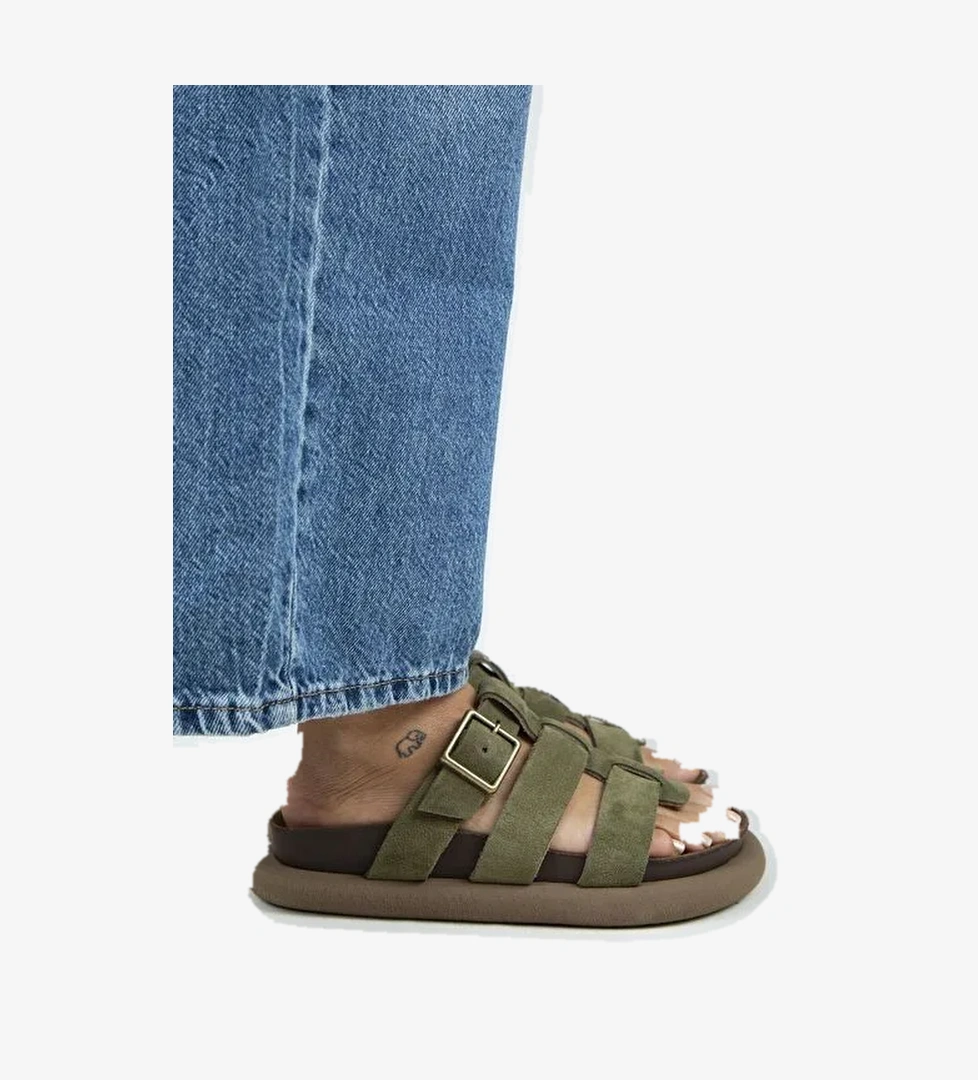 Manijero (Hicks) Kadın Hakiki Deri Tokalı Bantlı Haki Terlik - Görsel 1