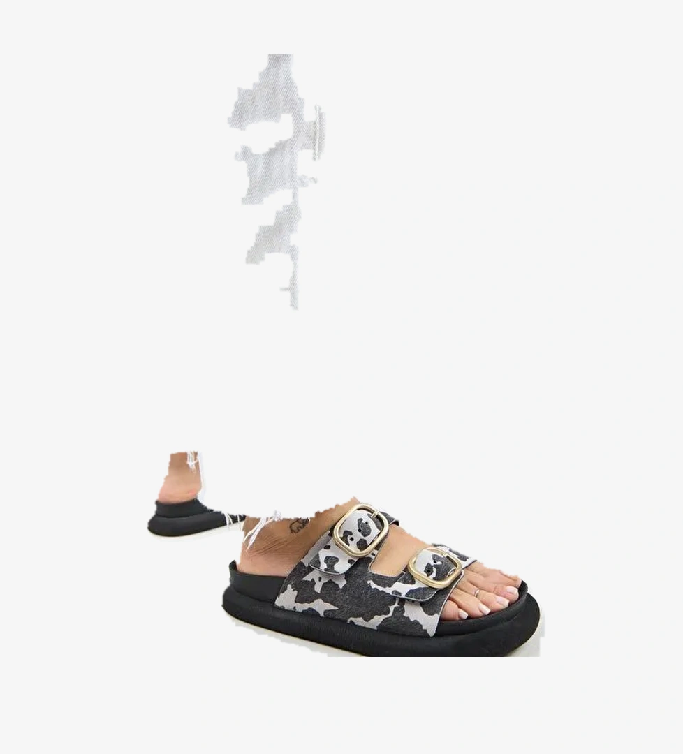 Manijero Nagual Lavanda Kadın Hakiki Deri Çift Tokalı Siyah Benekli Terlik - Görsel 1