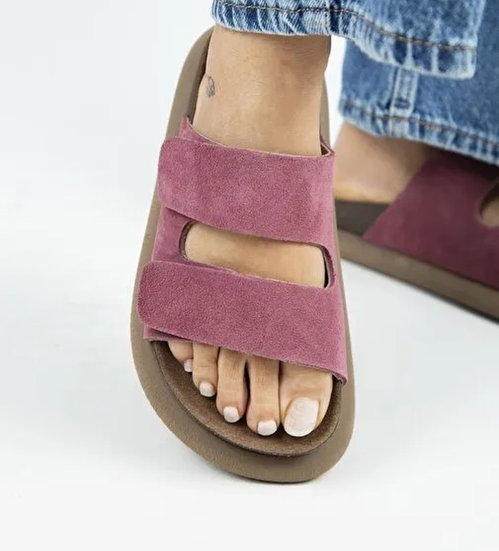 Manijero Lillo Kadın Hakiki Deri Çift Cırtlı Vişne Terlik - Görsel 1