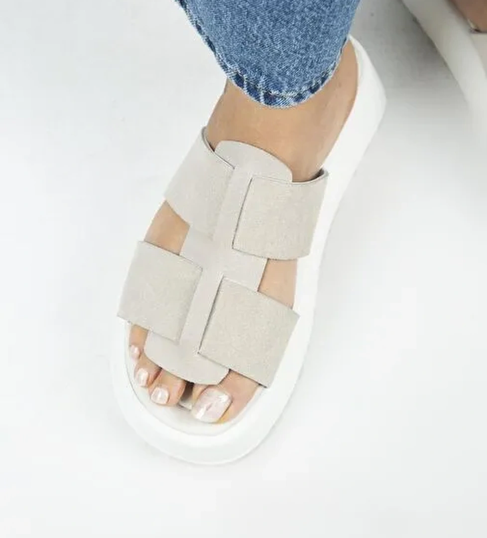 Manijero Paris Kadın Hakiki Deri Çift Bantlı Bej Terlik - Görsel 1