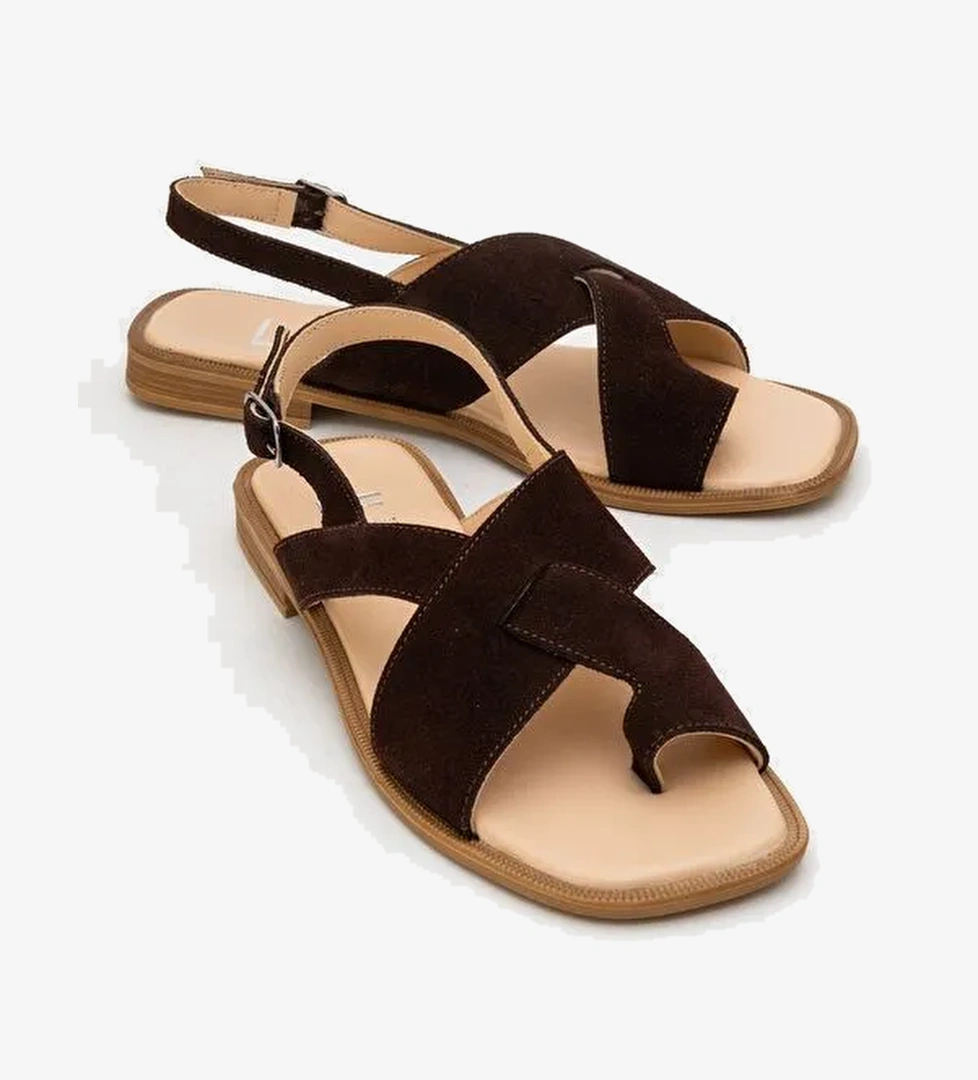 LOUNA Kahverengi Süet Hakiki Deri Parmak Arası Kadın Sandalet - Görsel 1